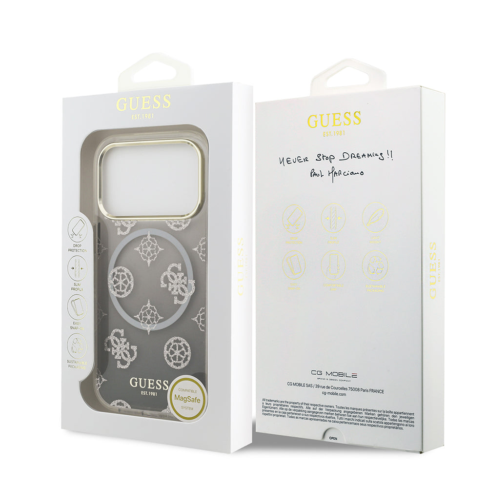 Guess iPhone 17 Pro Orjinal Lisanslı M-safe Şarj Özellikli Simli Peony Desenli Silikon Kılıf
