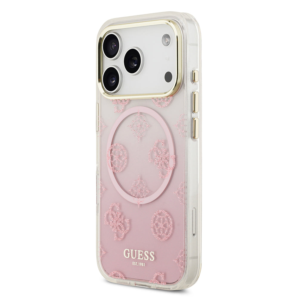 Guess iPhone 17 Pro Orjinal Lisanslı M-safe Şarj Özellikli Simli Peony Desenli Silikon Kılıf