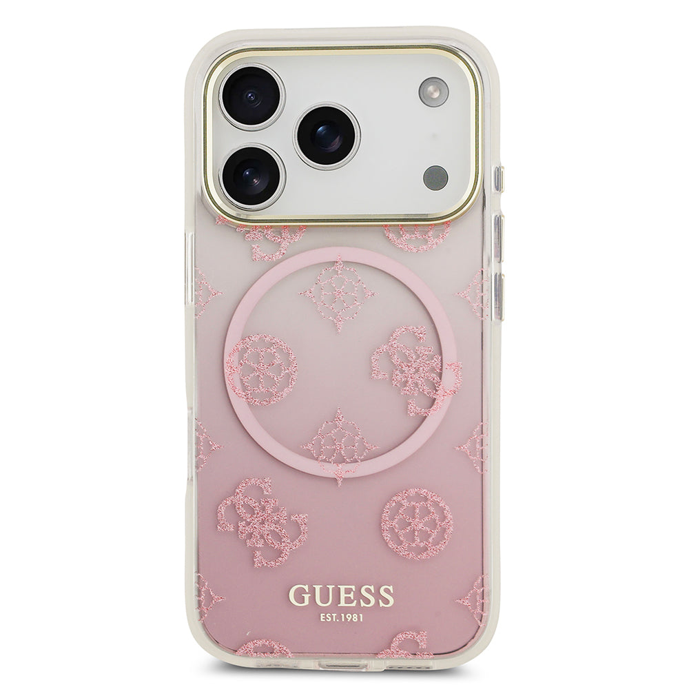 Guess iPhone 17 Pro Orjinal Lisanslı M-safe Şarj Özellikli Simli Peony Desenli Silikon Kılıf