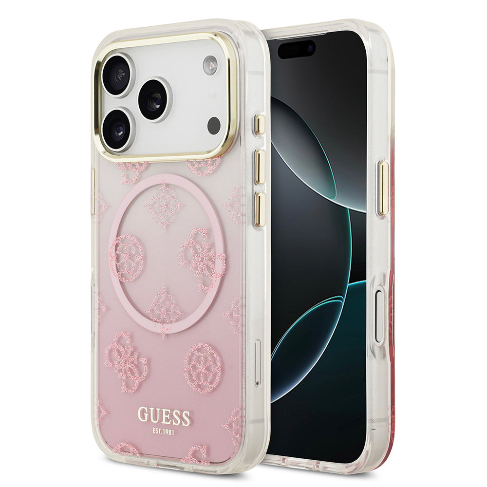 Guess iPhone 17 Pro Orjinal Lisanslı M-safe Şarj Özellikli Simli Peony Desenli Silikon Kılıf