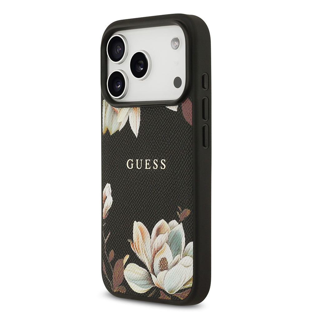 Guess iPhone 17 Pro Orjinal Lisanslı M-safe Şarj Özellikli Taneli Çiçek Tasarımlı Metal Yazı Logolu Kılıf