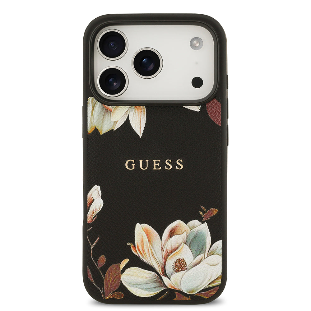 Guess iPhone 17 Pro Orjinal Lisanslı M-safe Şarj Özellikli Taneli Çiçek Tasarımlı Metal Yazı Logolu Kılıf