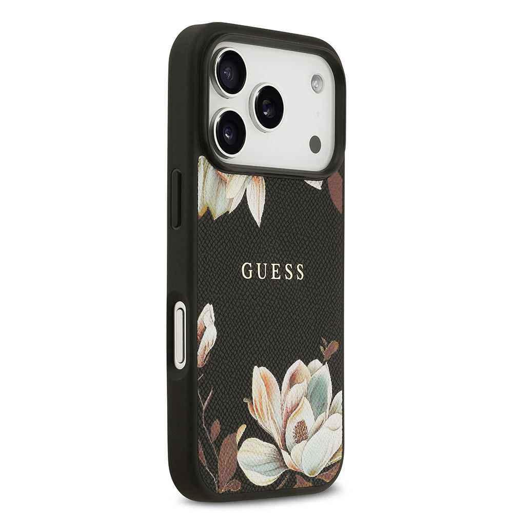 Guess iPhone 17 Pro Orjinal Lisanslı M-safe Şarj Özellikli Taneli Çiçek Tasarımlı Metal Yazı Logolu Kılıf