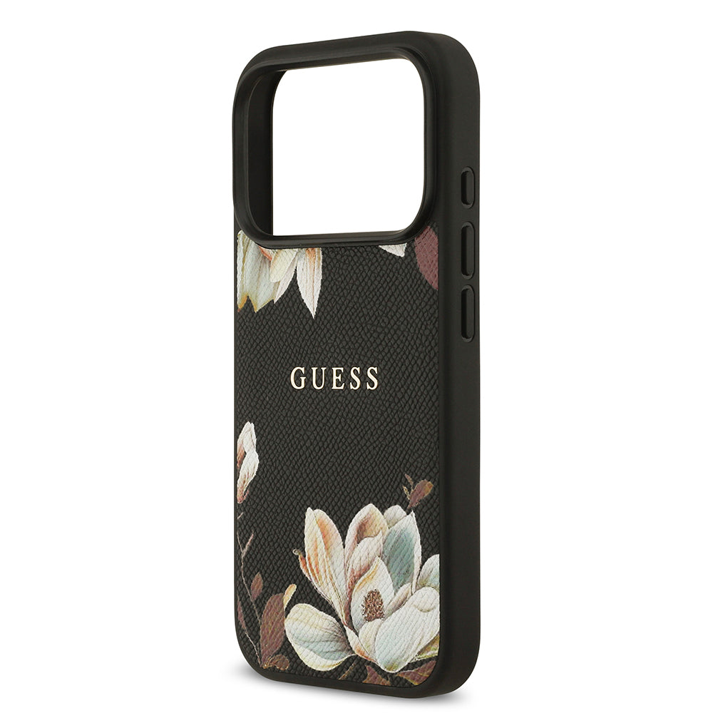 Guess iPhone 17 Pro Orjinal Lisanslı M-safe Şarj Özellikli Taneli Çiçek Tasarımlı Metal Yazı Logolu Kılıf