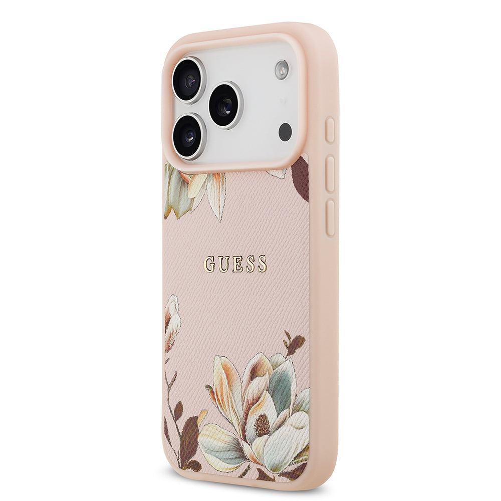 Guess iPhone 17 Pro Orjinal Lisanslı M-safe Şarj Özellikli Taneli Çiçek Tasarımlı Metal Yazı Logolu Kılıf