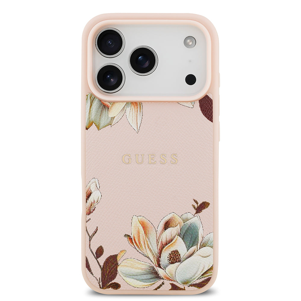 Guess iPhone 17 Pro Orjinal Lisanslı M-safe Şarj Özellikli Taneli Çiçek Tasarımlı Metal Yazı Logolu Kılıf