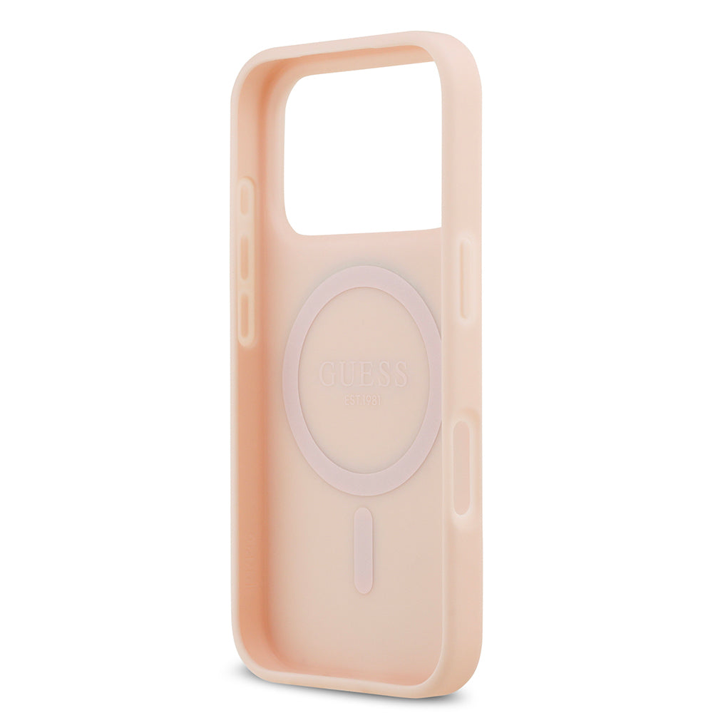 Guess iPhone 17 Pro Orjinal Lisanslı M-safe Şarj Özellikli Taneli Çiçek Tasarımlı Metal Yazı Logolu Kılıf