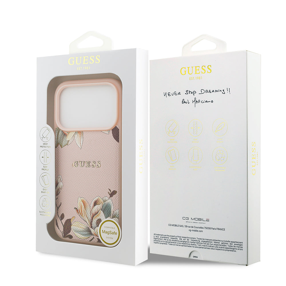 Guess iPhone 17 Pro Orjinal Lisanslı M-safe Şarj Özellikli Taneli Çiçek Tasarımlı Metal Yazı Logolu Kılıf