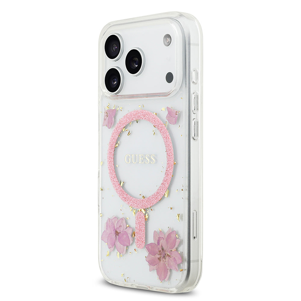 Guess iPhone 17 Pro Orjinal Lisanslı M-safe Şarj Özellikli Transparan Resin Flowers Kılıf