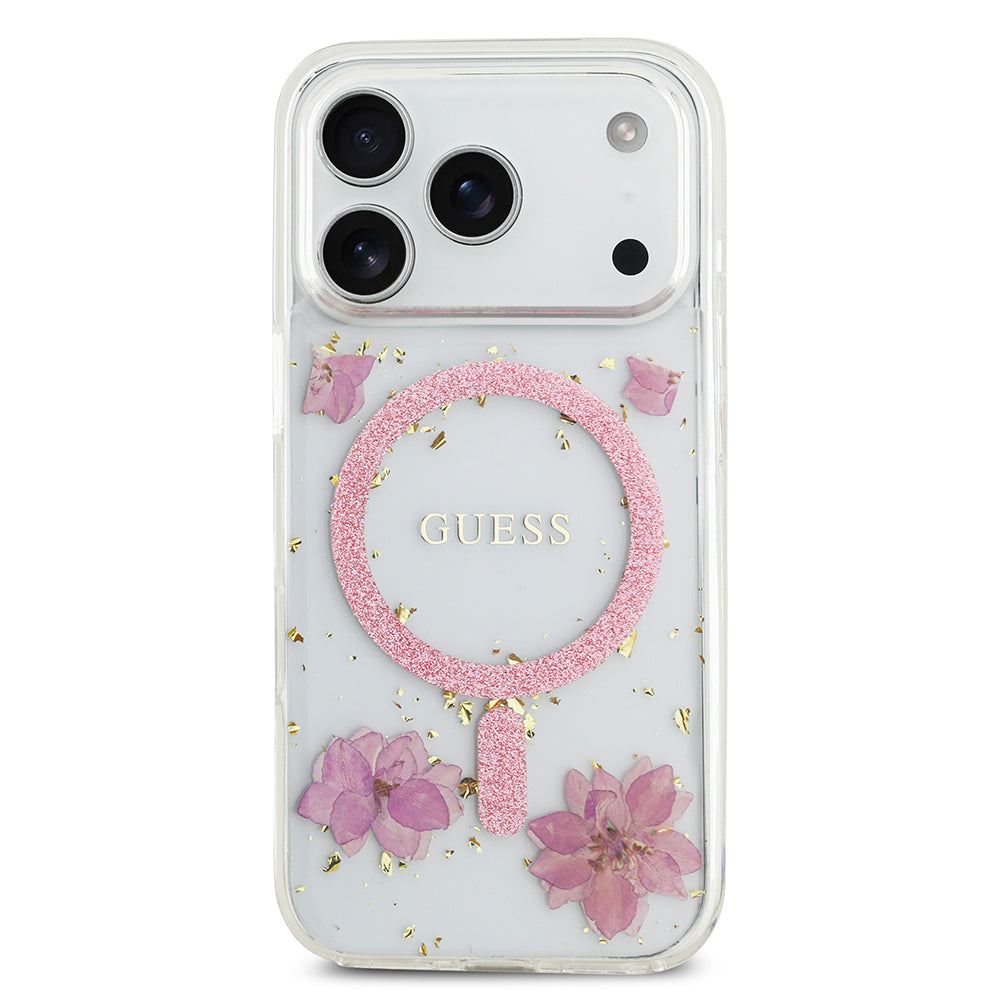 Guess iPhone 17 Pro Orjinal Lisanslı M-safe Şarj Özellikli Transparan Resin Flowers Kılıf