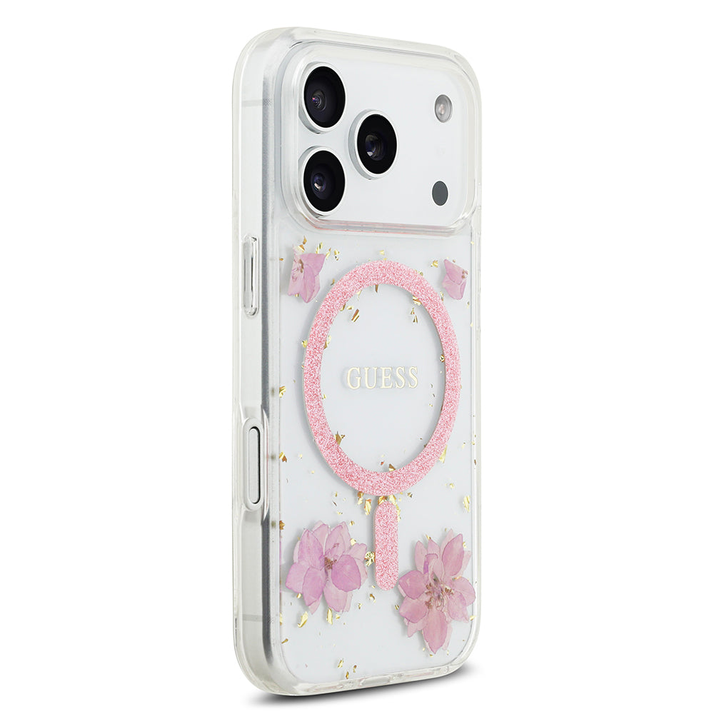 Guess iPhone 17 Pro Orjinal Lisanslı M-safe Şarj Özellikli Transparan Resin Flowers Kılıf