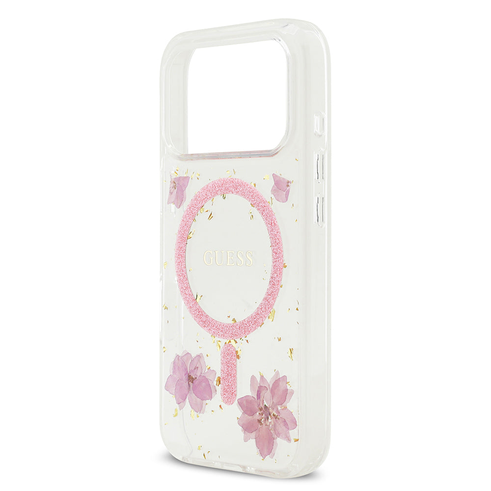 Guess iPhone 17 Pro Orjinal Lisanslı M-safe Şarj Özellikli Transparan Resin Flowers Kılıf