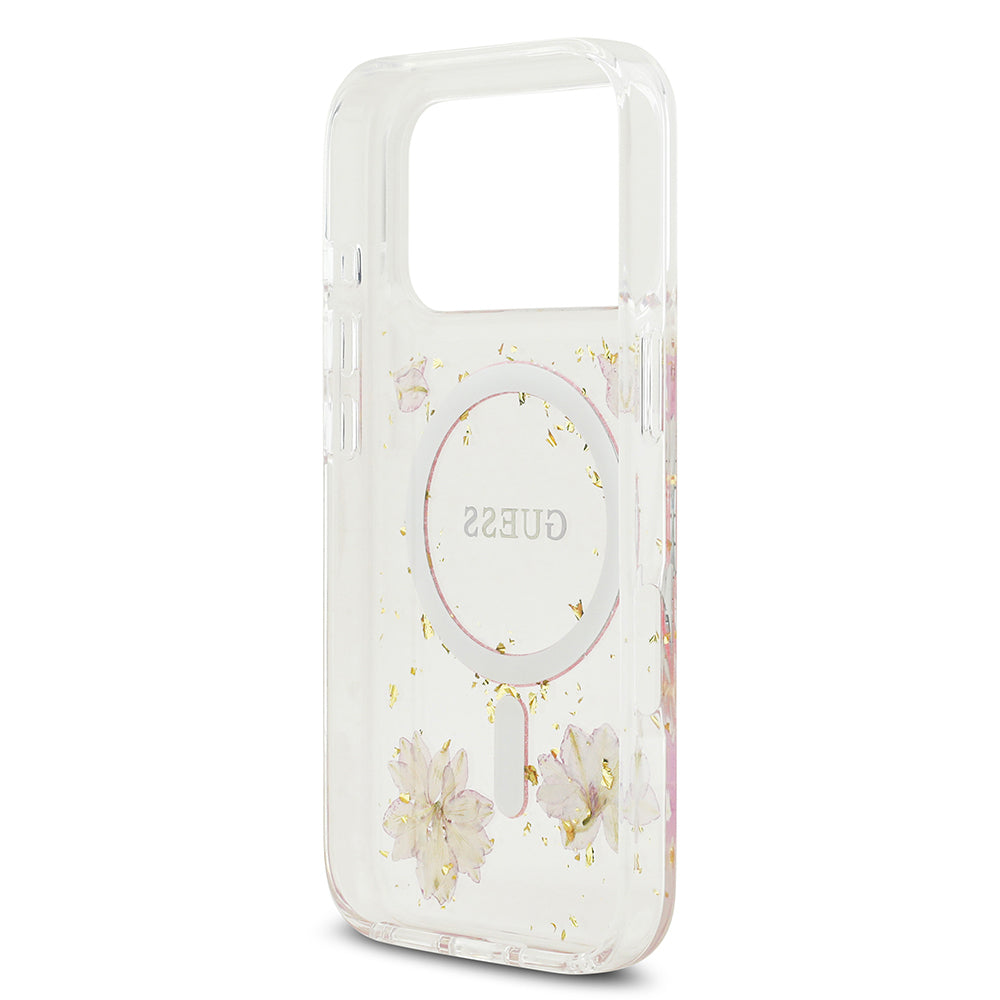 Guess iPhone 17 Pro Orjinal Lisanslı M-safe Şarj Özellikli Transparan Resin Flowers Kılıf