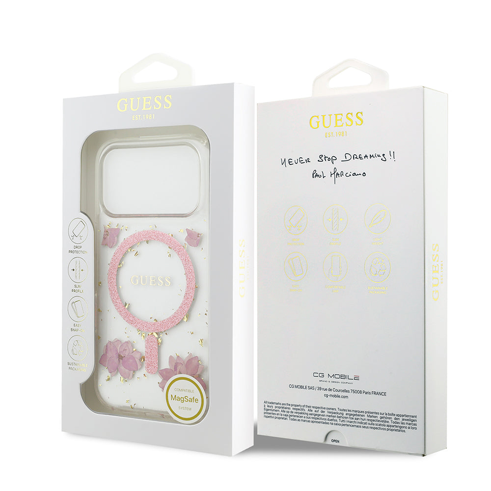 Guess iPhone 17 Pro Orjinal Lisanslı M-safe Şarj Özellikli Transparan Resin Flowers Kılıf