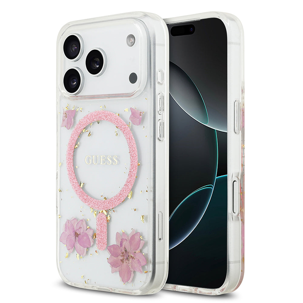 Guess iPhone 17 Pro Orjinal Lisanslı M-safe Şarj Özellikli Transparan Resin Flowers Kılıf