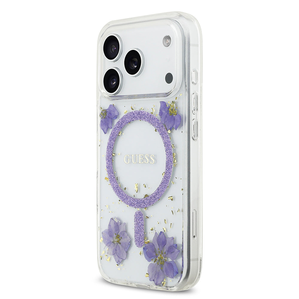 Guess iPhone 17 Pro Orjinal Lisanslı M-safe Şarj Özellikli Transparan Resin Flowers Kılıf