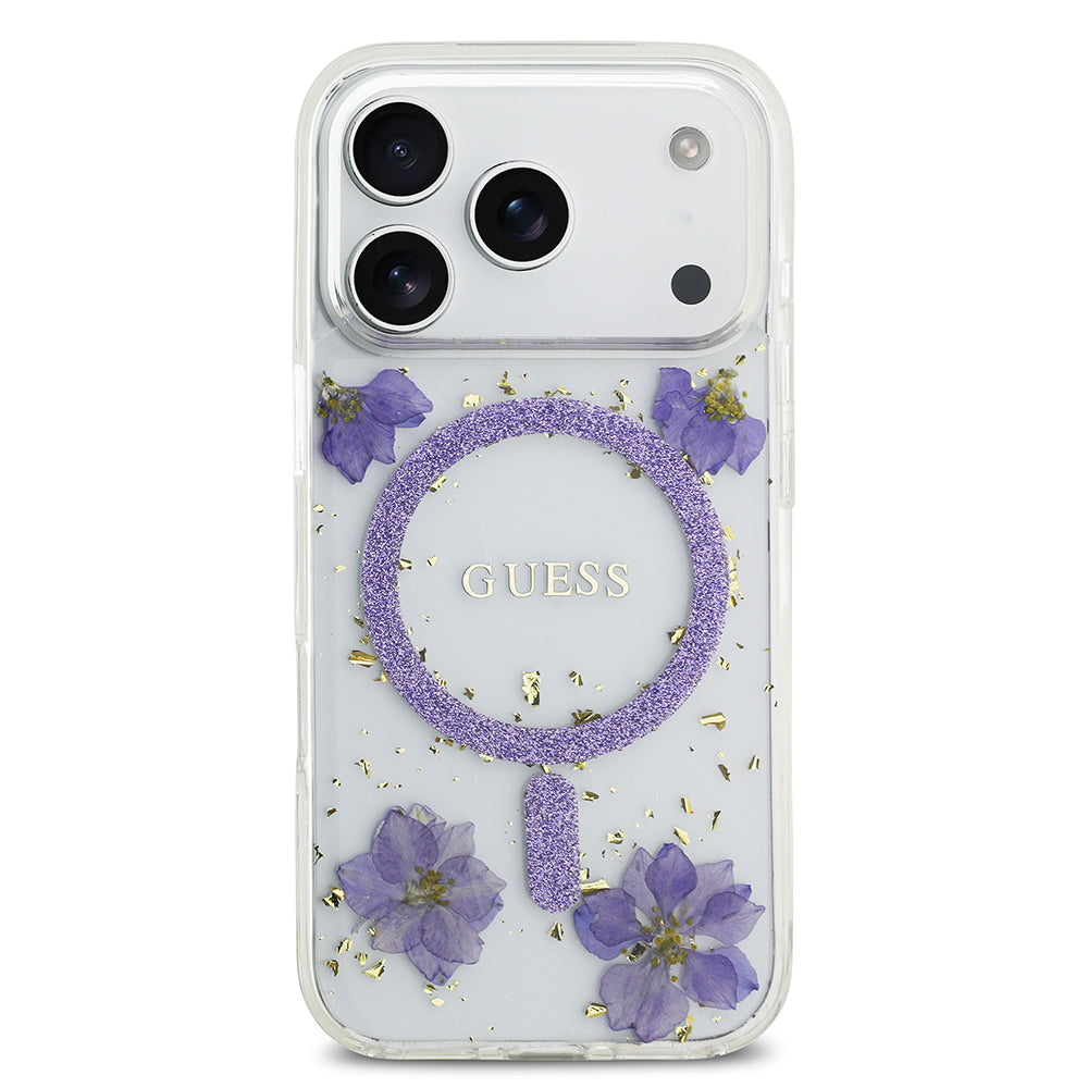 Guess iPhone 17 Pro Orjinal Lisanslı M-safe Şarj Özellikli Transparan Resin Flowers Kılıf