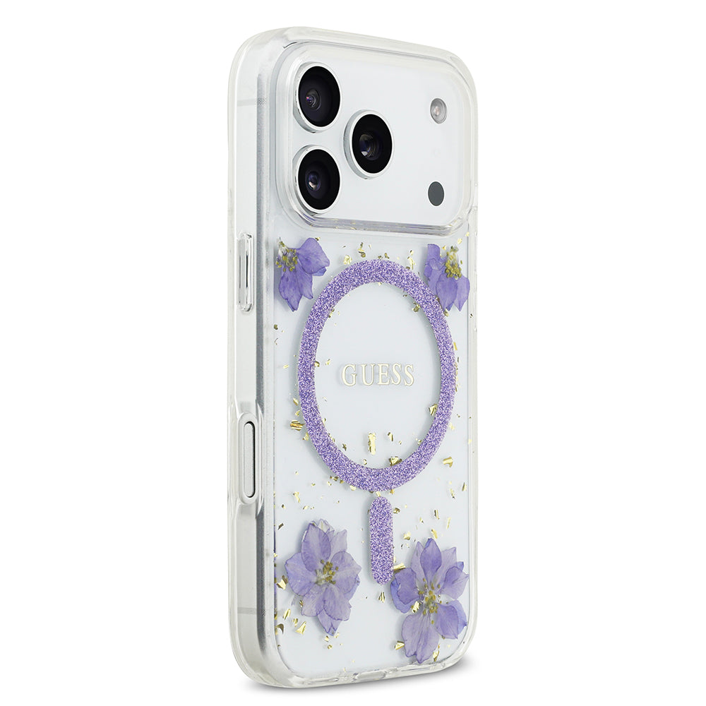 Guess iPhone 17 Pro Orjinal Lisanslı M-safe Şarj Özellikli Transparan Resin Flowers Kılıf