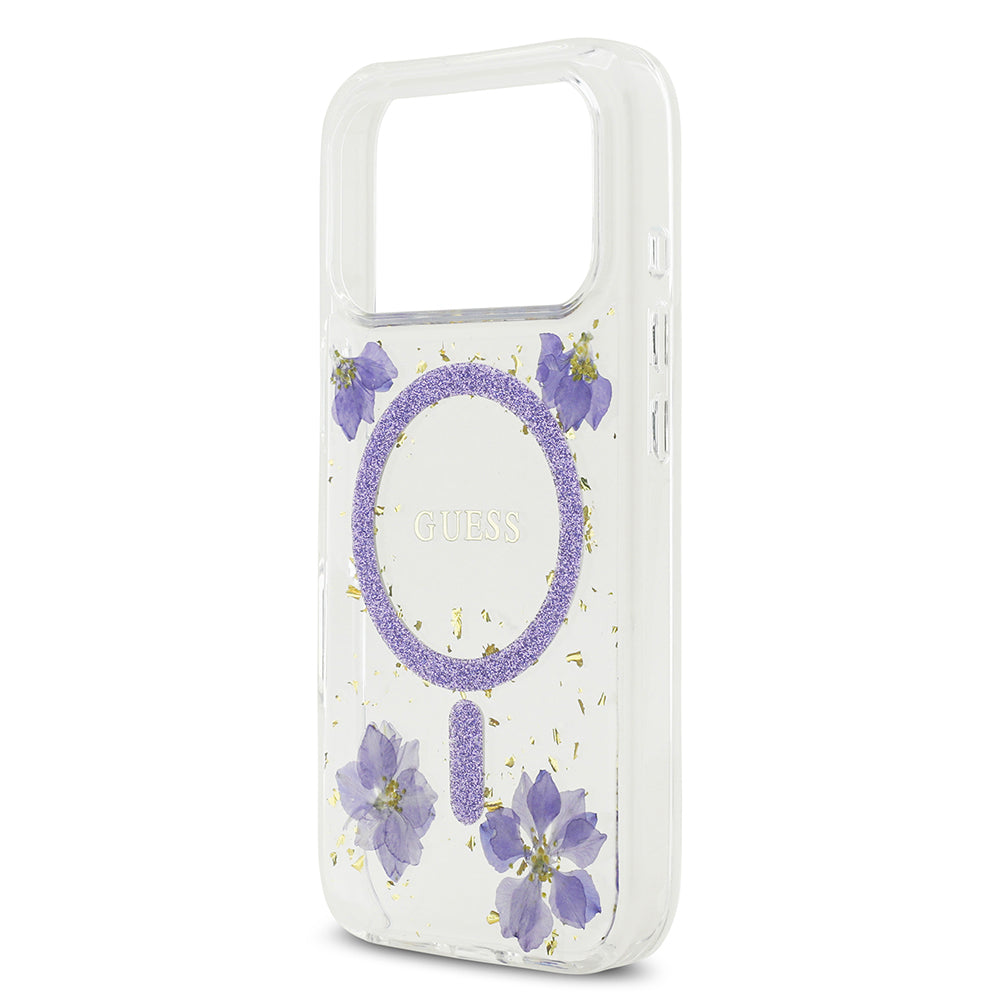 Guess iPhone 17 Pro Orjinal Lisanslı M-safe Şarj Özellikli Transparan Resin Flowers Kılıf