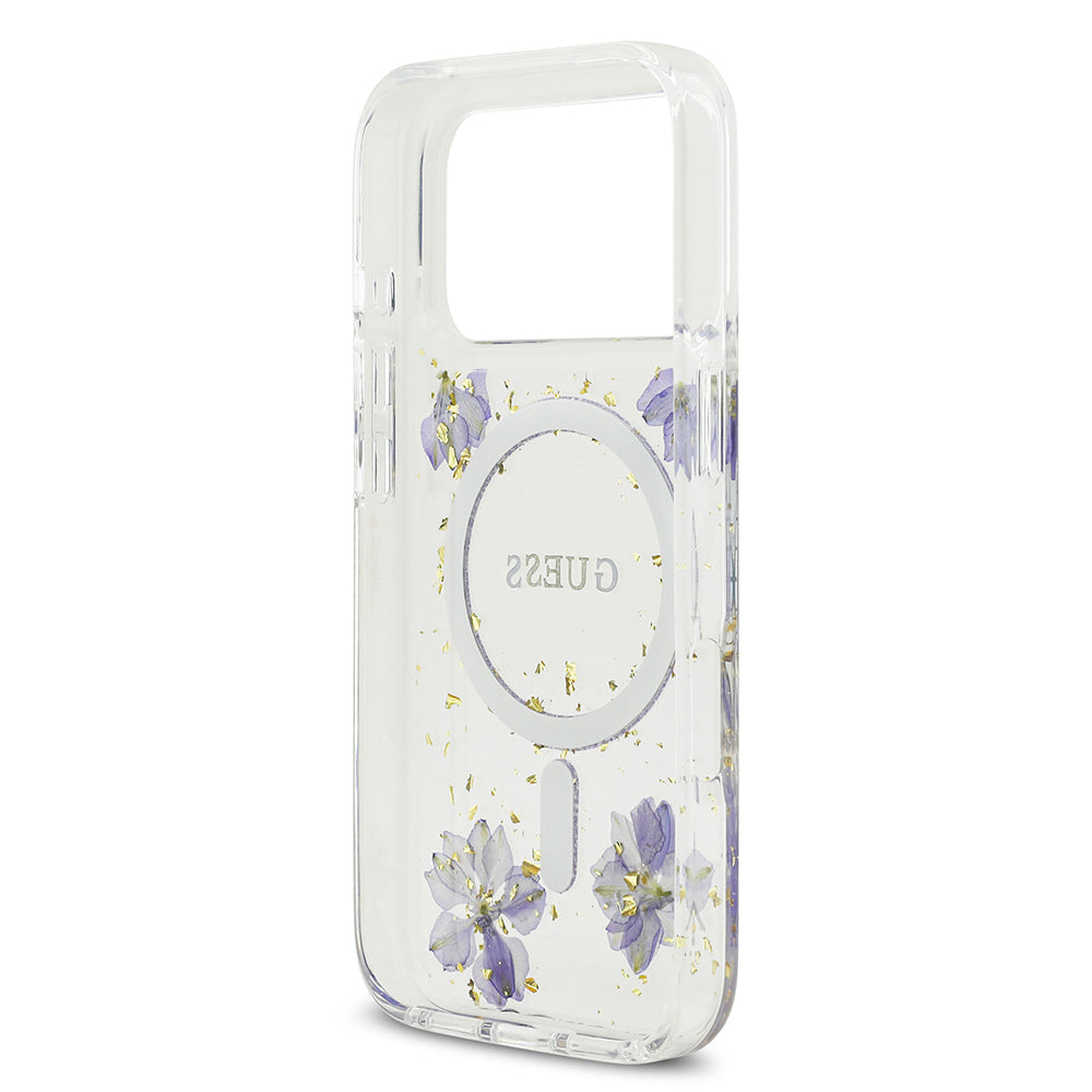 Guess iPhone 17 Pro Orjinal Lisanslı M-safe Şarj Özellikli Transparan Resin Flowers Kılıf