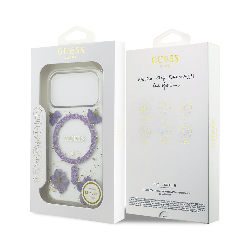 Guess iPhone 17 Pro Orjinal Lisanslı M-safe Şarj Özellikli Transparan Resin Flowers Kılıf