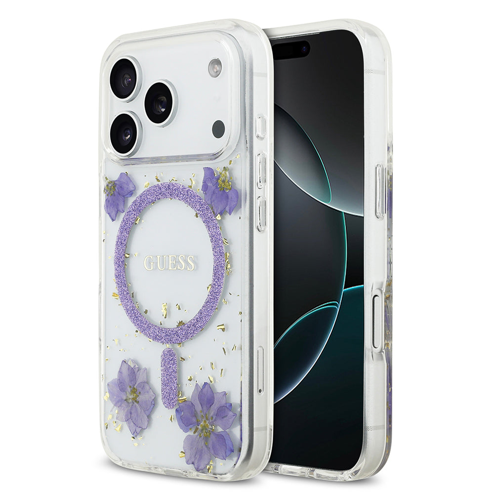 Guess iPhone 17 Pro Orjinal Lisanslı M-safe Şarj Özellikli Transparan Resin Flowers Kılıf