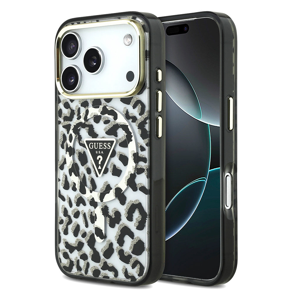 Guess iPhone 17 Pro Orjinal Lisanslı M-safe Şarj Özellikli Üçgen Logolu Simli Leopar Desenli Kılıf