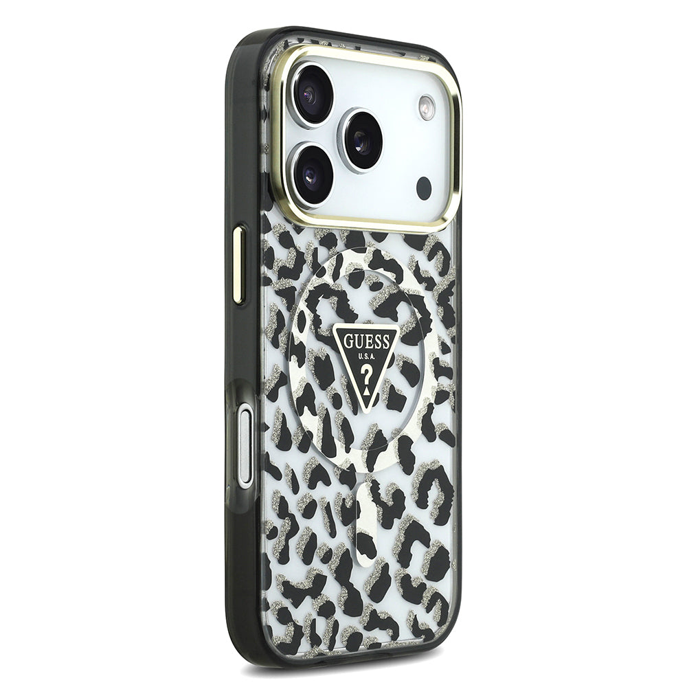 Guess iPhone 17 Pro Orjinal Lisanslı M-safe Şarj Özellikli Üçgen Logolu Simli Leopar Desenli Kılıf