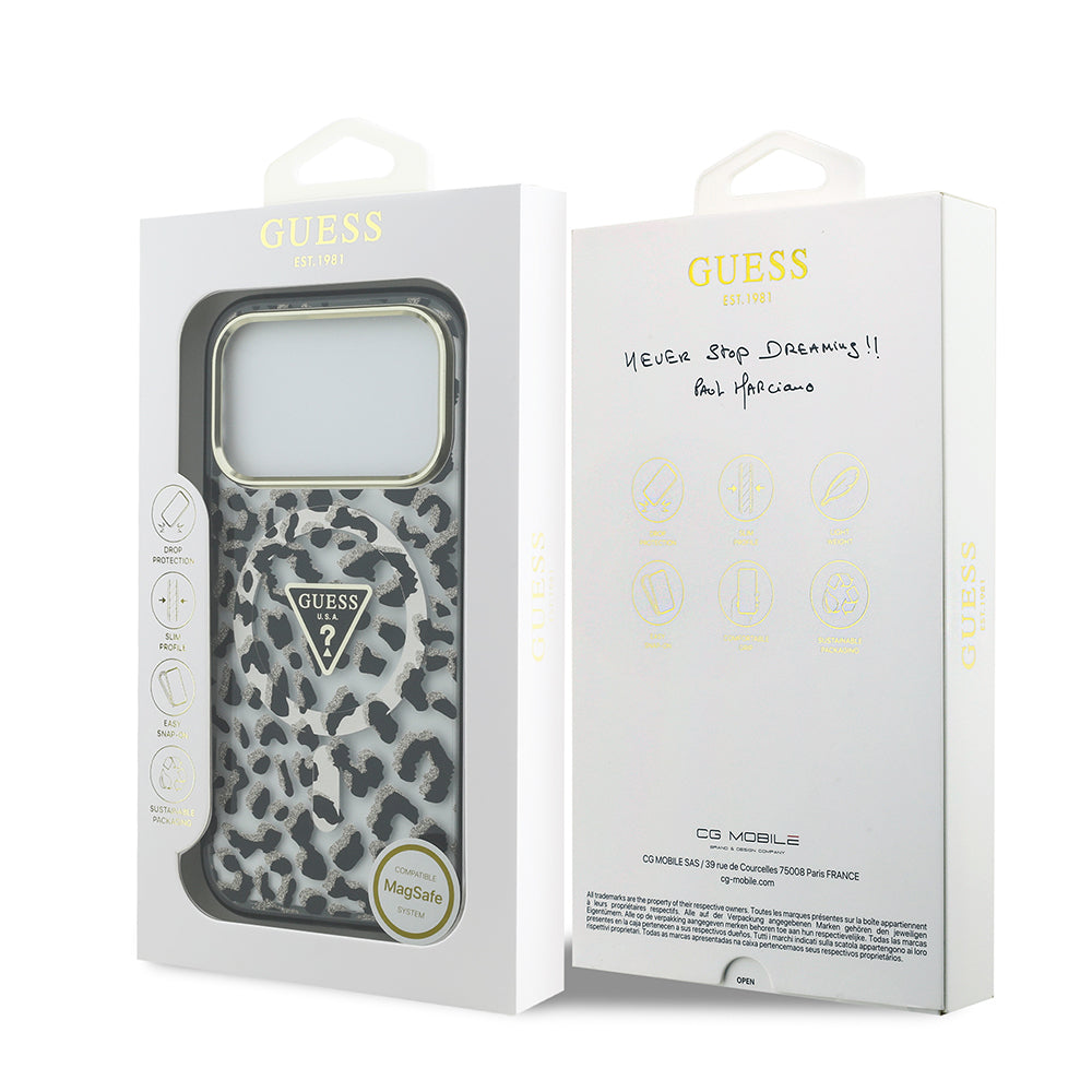 Guess iPhone 17 Pro Orjinal Lisanslı M-safe Şarj Özellikli Üçgen Logolu Simli Leopar Desenli Kılıf