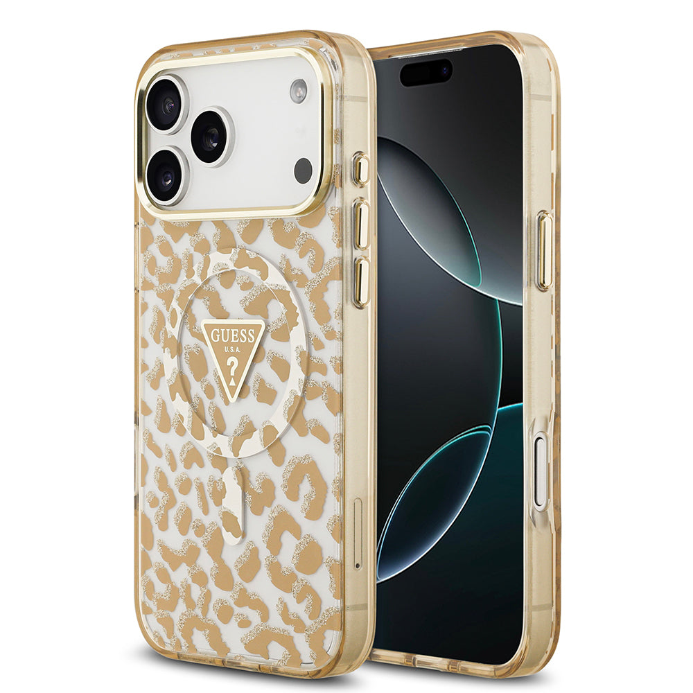 Guess iPhone 17 Pro Orjinal Lisanslı M-safe Şarj Özellikli Üçgen Logolu Simli Leopar Desenli Kılıf