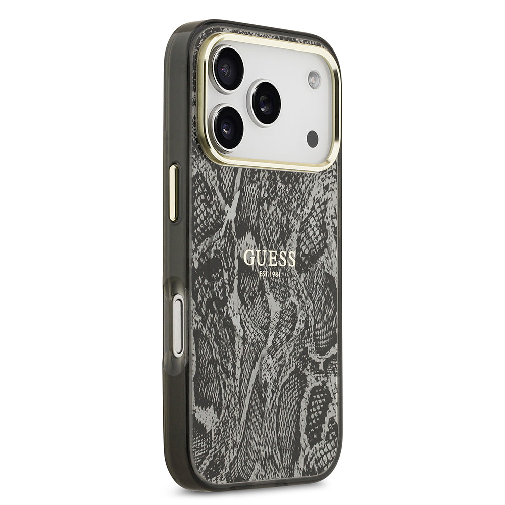 Guess iPhone 17 Pro Orjinal Lisanslı M-safe Şarj Özellikli Yazı Logolu Python Desenli Kılıf