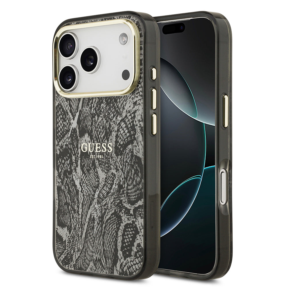 Guess iPhone 17 Pro Orjinal Lisanslı M-safe Şarj Özellikli Yazı Logolu Python Desenli Kılıf