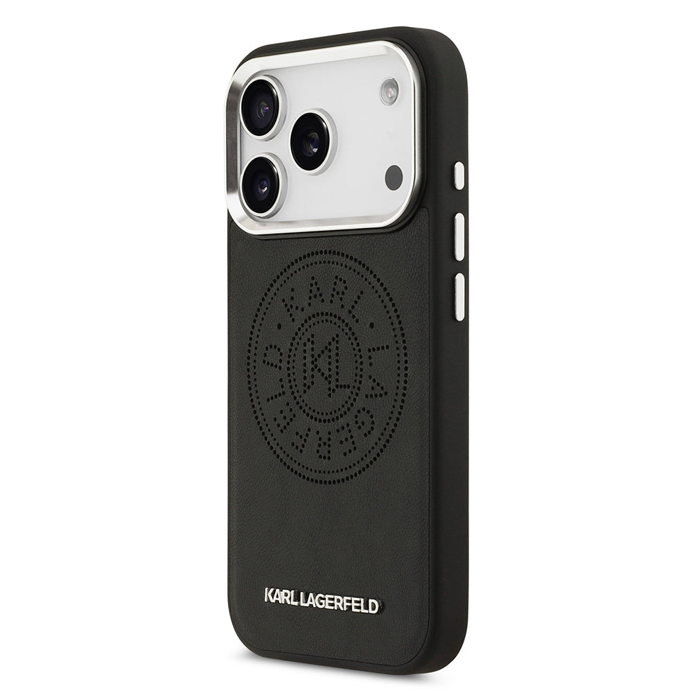 Karl Lagerfeld iPhone 17 Pro Orjinal Lisanslı M-safe Şarj Özellikli Delikli Tasarım Metal Logolu PU Deri Kılıf