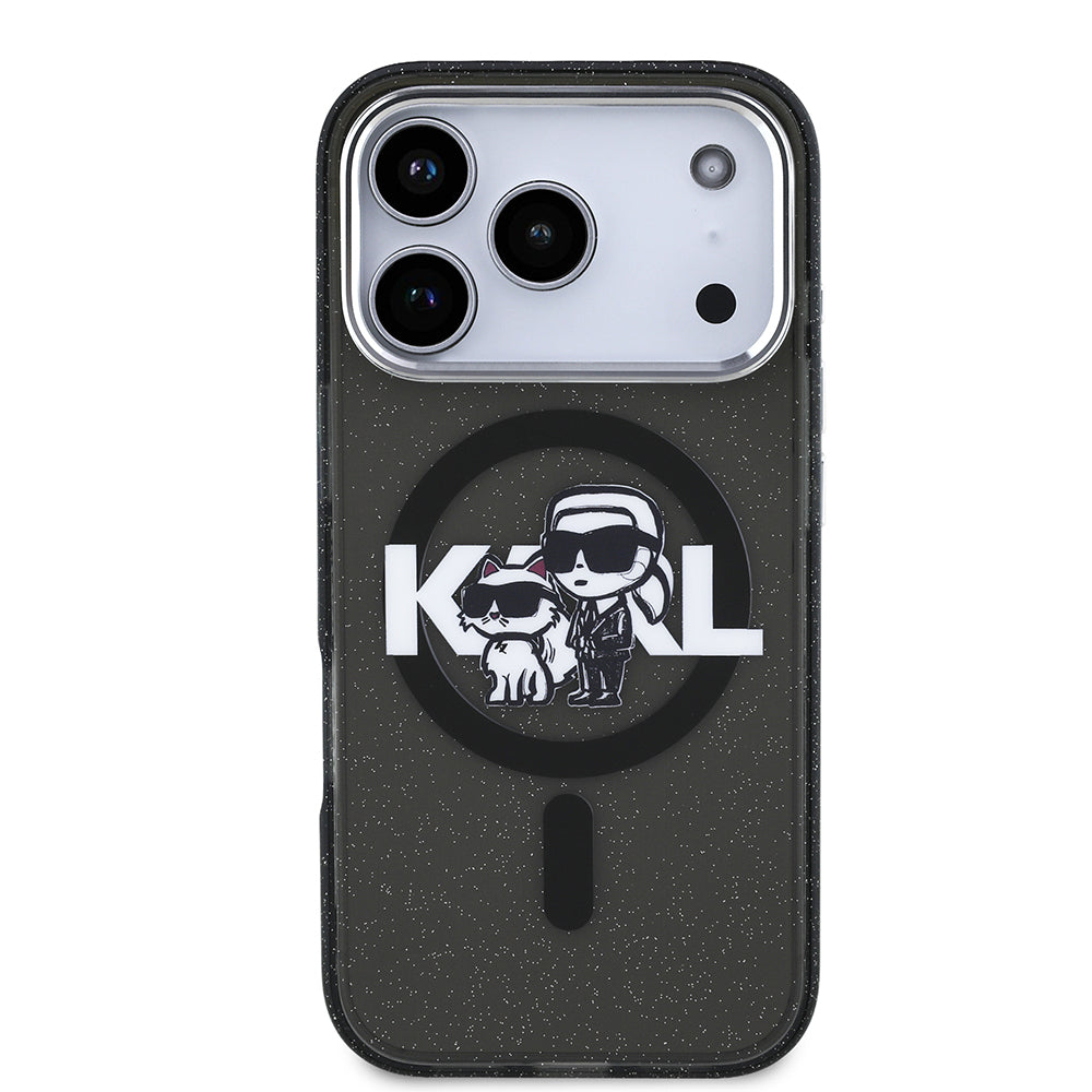 Karl Lagerfeld iPhone 17 Pro Orjinal Lisanslı Parlayan Simli Karl & Choupette Sketch Logo Kılıf