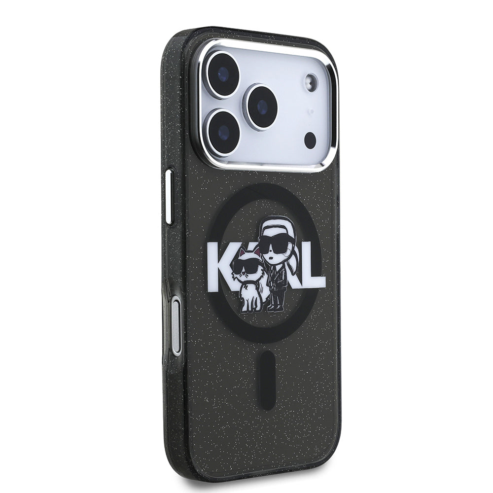 Karl Lagerfeld iPhone 17 Pro Orjinal Lisanslı Parlayan Simli Karl & Choupette Sketch Logo Kılıf