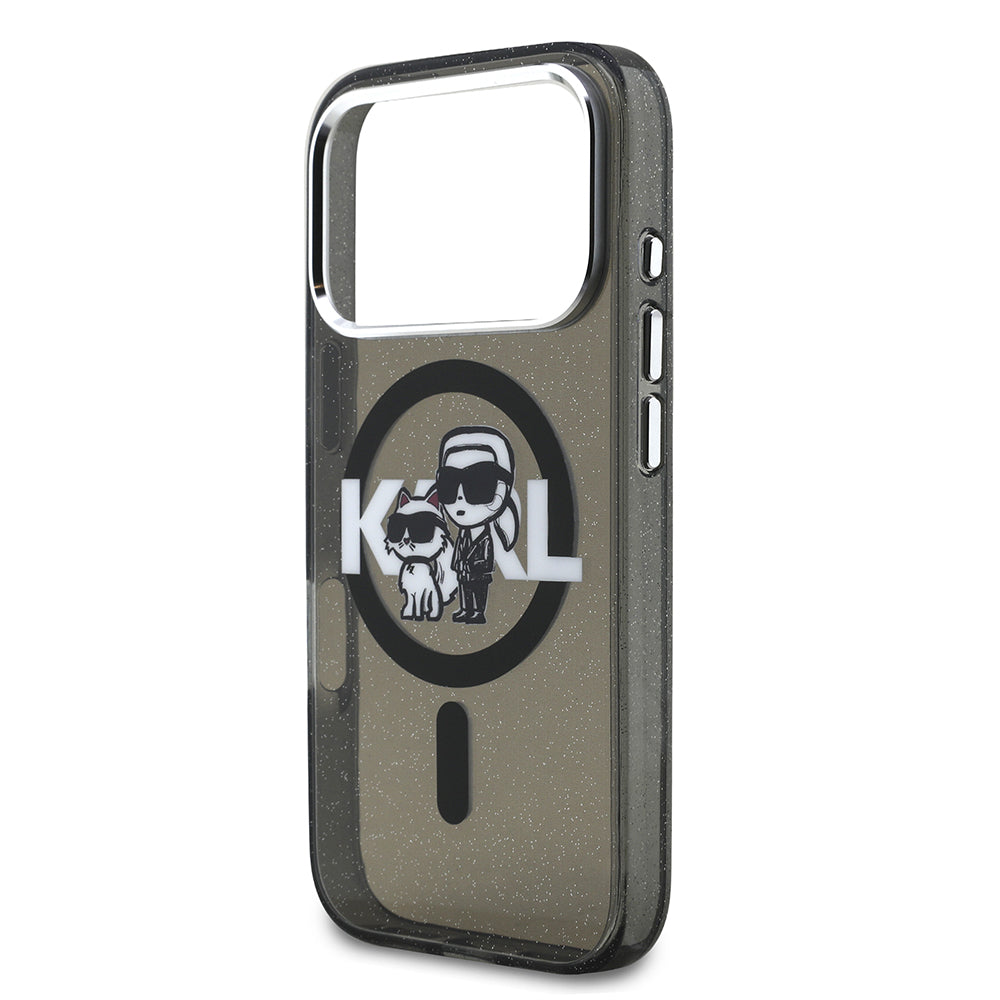 Karl Lagerfeld iPhone 17 Pro Orjinal Lisanslı Parlayan Simli Karl & Choupette Sketch Logo Kılıf