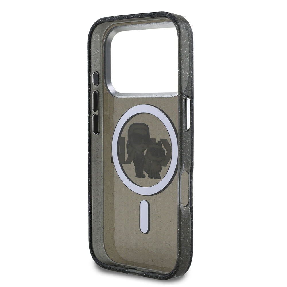 Karl Lagerfeld iPhone 17 Pro Orjinal Lisanslı Parlayan Simli Karl & Choupette Sketch Logo Kılıf