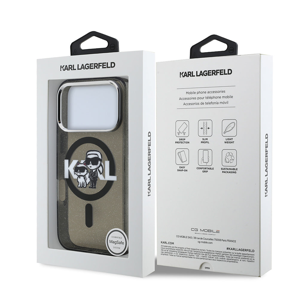 Karl Lagerfeld iPhone 17 Pro Orjinal Lisanslı Parlayan Simli Karl & Choupette Sketch Logo Kılıf