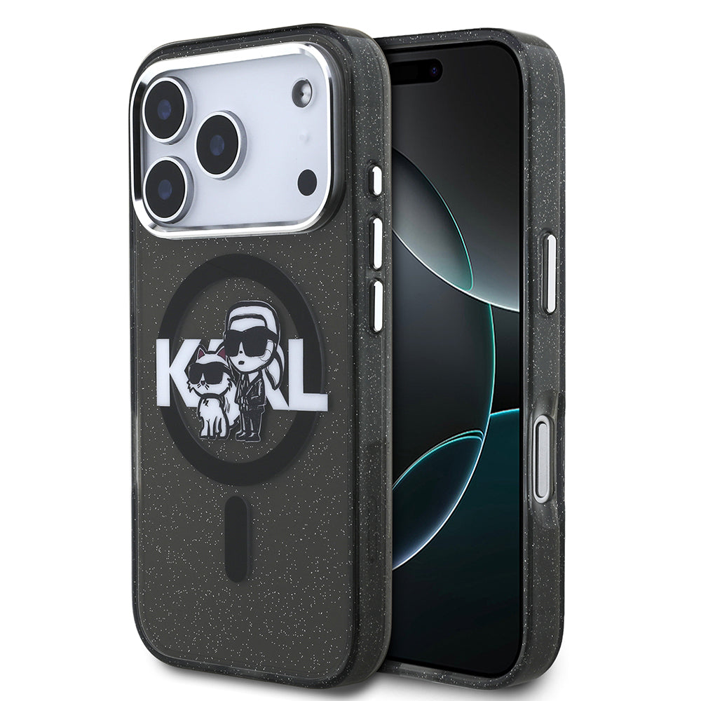 Karl Lagerfeld iPhone 17 Pro Orjinal Lisanslı Parlayan Simli Karl & Choupette Sketch Logo Kılıf
