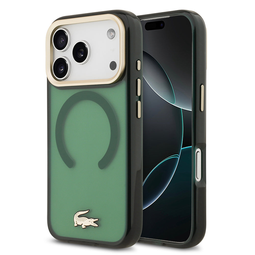 Lacoste iPhone 17 Pro Orjinal Lisanslı M-safe Şarj Özellikli Gold Timsah Logolu Buzlu Kılıf
