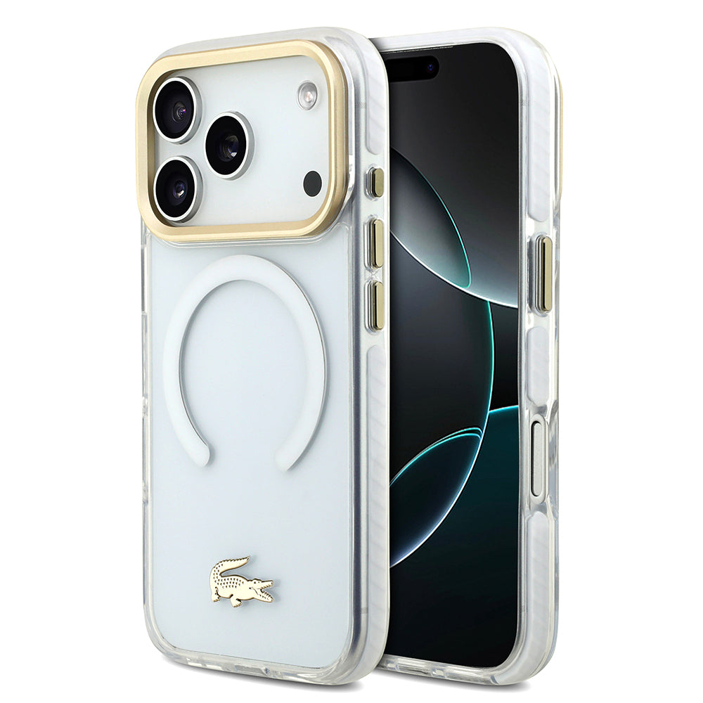 Lacoste iPhone 17 Pro Orjinal Lisanslı M-safe Şarj Özellikli Gold Timsah Logolu Buzlu Kılıf
