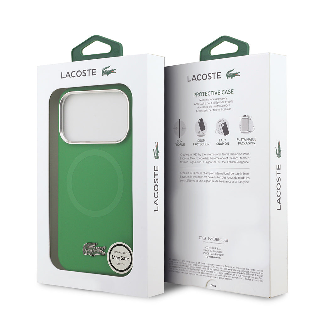 Lacoste iPhone 17 Pro Orjinal Lisanslı M-safe Şarj Özellikli İkonik Logolu Metal Kamera Çerçeveli Silikon Kılıf