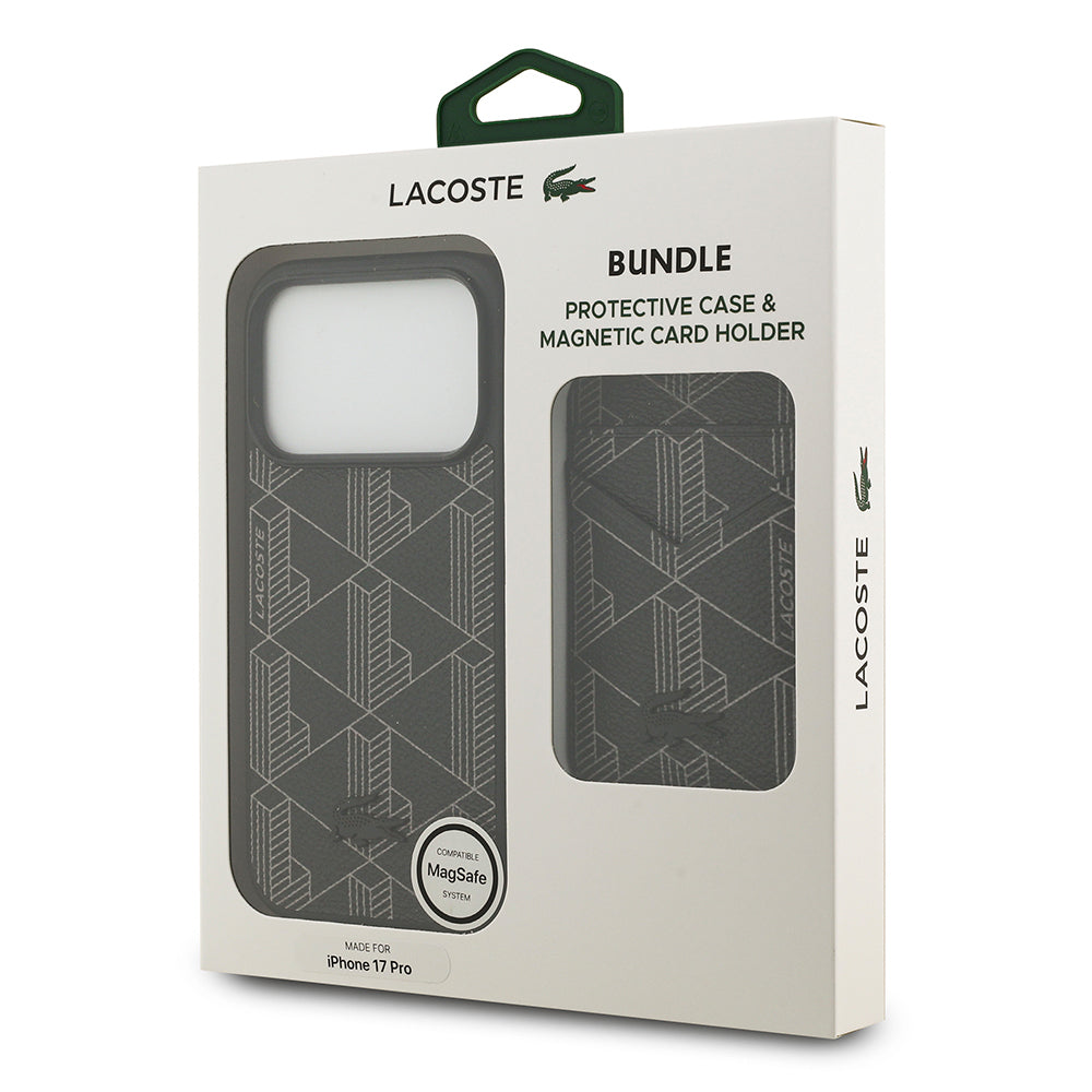 Lacoste iPhone 17 Pro Orjinal Lisanslı M-safe Şarj Özellikli PU Deri Tasarımlı Kartlıklı Karışık Monogram Desenli Kılıf