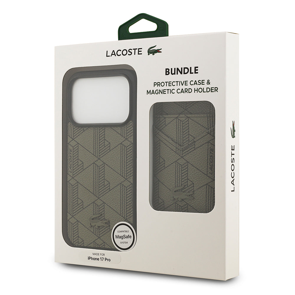Lacoste iPhone 17 Pro Orjinal Lisanslı M-safe Şarj Özellikli PU Deri Tasarımlı Kartlıklı Karışık Monogram Desenli Kılıf