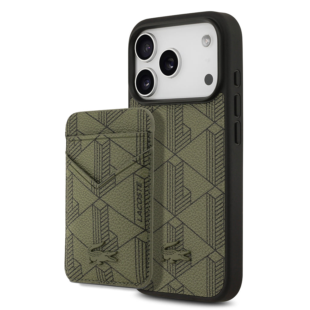 Lacoste iPhone 17 Pro Orjinal Lisanslı M-safe Şarj Özellikli PU Deri Tasarımlı Kartlıklı Karışık Monogram Desenli Kılıf