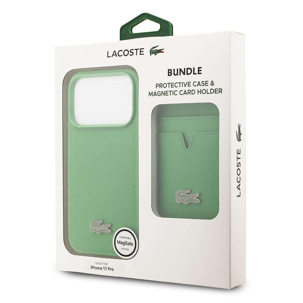 Lacoste iPhone 17 Pro Orjinal Lisanslı M-safe Şarj Özellikli PU Pike Desenli Metal Logolu Kartlıklı Kılıf