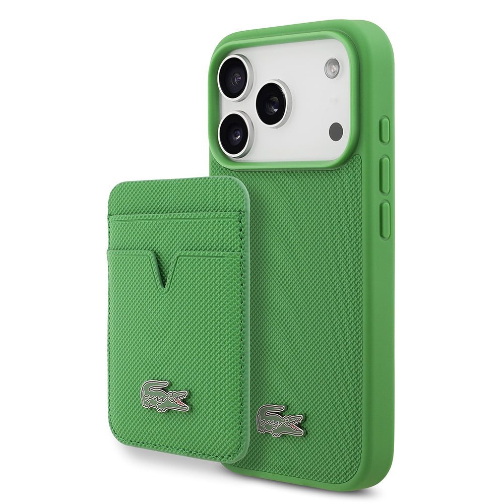 Lacoste iPhone 17 Pro Orjinal Lisanslı M-safe Şarj Özellikli PU Pike Desenli Metal Logolu Kartlıklı Kılıf