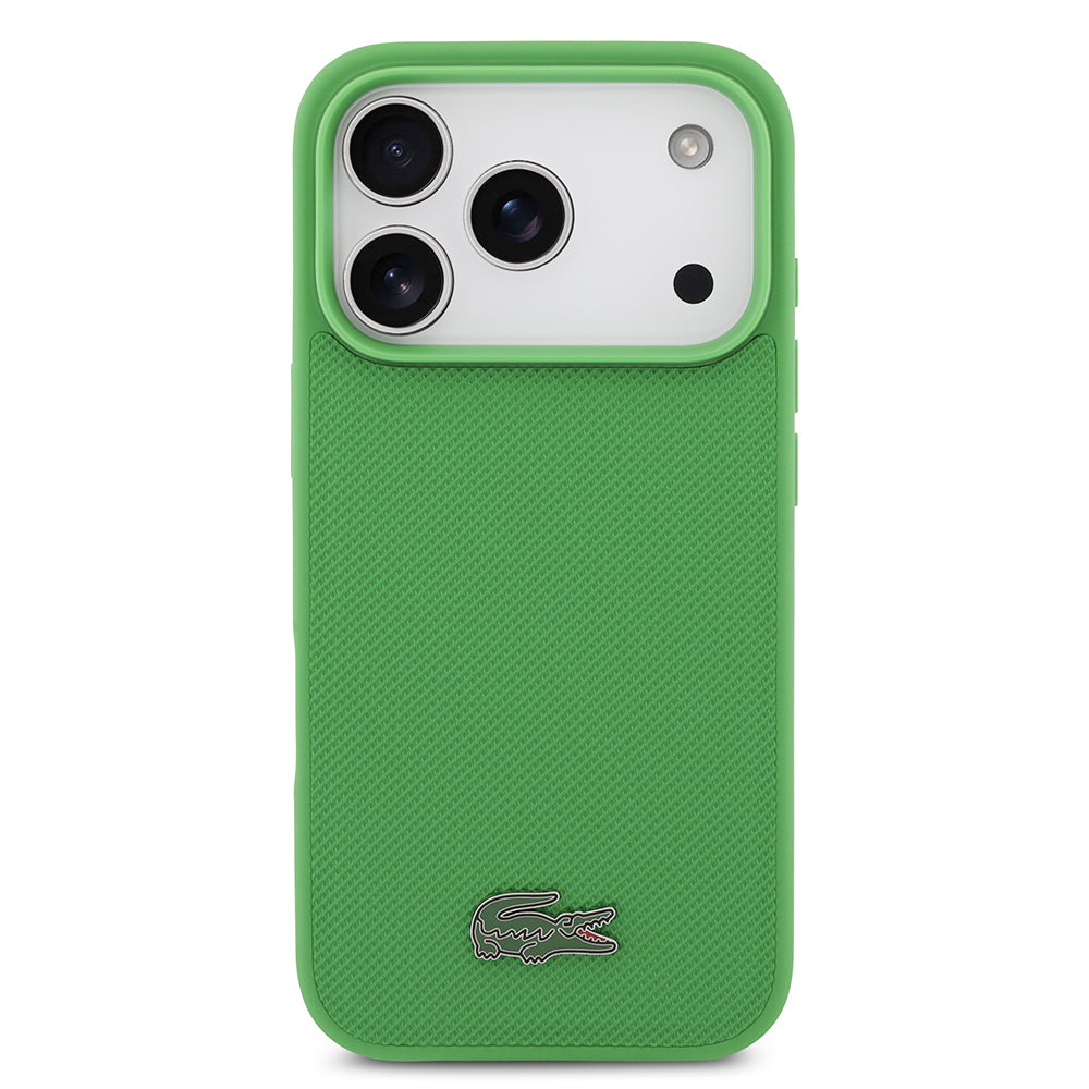 Lacoste iPhone 17 Pro Orjinal Lisanslı M-safe Şarj Özellikli PU Pike Desenli Metal Logolu Kartlıklı Kılıf