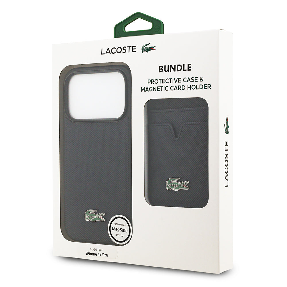 Lacoste iPhone 17 Pro Orjinal Lisanslı M-safe Şarj Özellikli PU Pike Desenli Metal Logolu Kartlıklı Kılıf