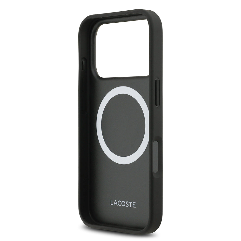 Lacoste iPhone 17 Pro Orjinal Lisanslı M-safe Şarj Özellikli PU Pike Desenli Metal Logolu Kartlıklı Kılıf